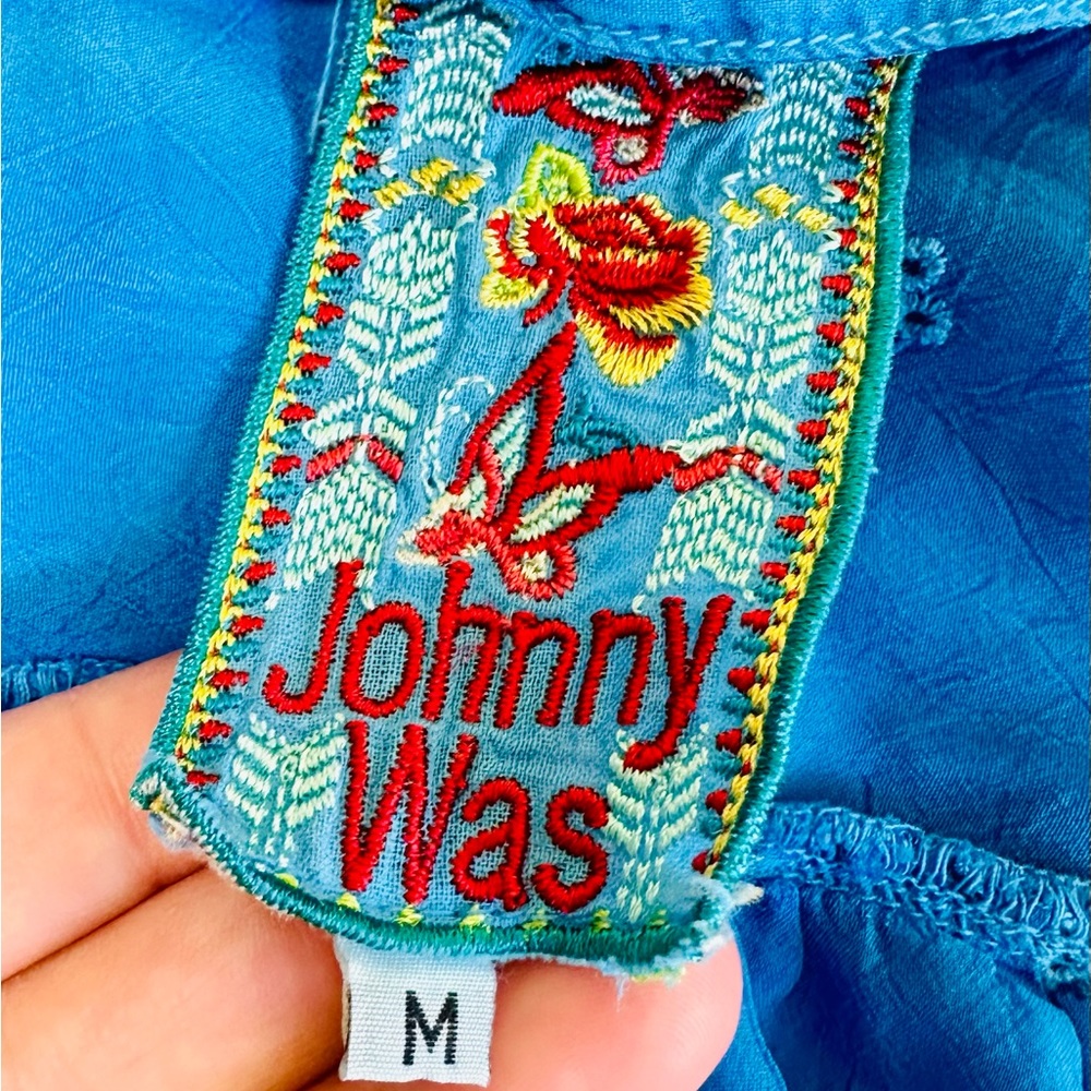 EUC Johnny Was Semi-Sheer Cerulean Blue Floral Embroidered Blouse - Picture 12 of 13